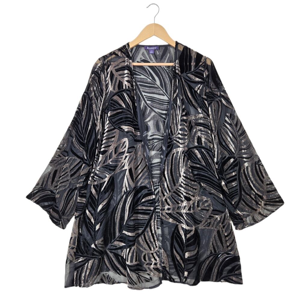 Roaman's Burnout Velvet Jacket 16W Black Brown Leaf Sheer Open Front Evening